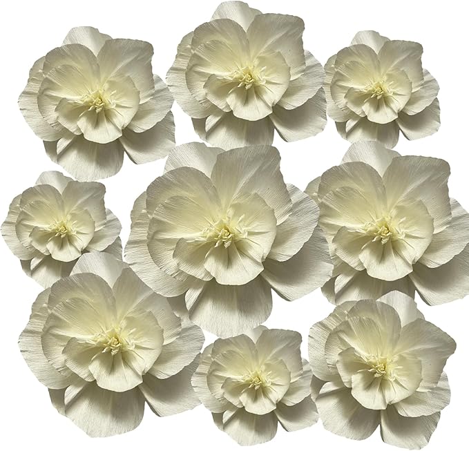 BRT Bearingshui Crepe Paper Flowers Decoration for Wall Total 9 Pcs, Artificial Flowers for Wedding Decor,Flower Backdrop Decor, Baby Bridal Shower Birthday Party, Cream 3D Wall Flowers Decor