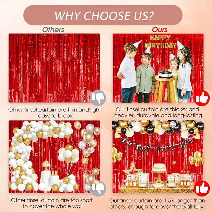 3 Pack Shiny Red Backdrop Party Decorations Tinsel Curtain Party Backdrop Foil - Image 5
