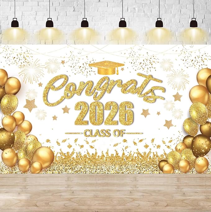 Gold and White Graduation Decorations Congrats Class of 2026 Banner by ONANNA