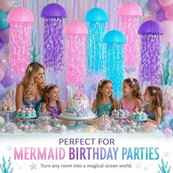 6-Pack Jellyfish Paper Lanterns, Under the Sea Party Decorations | 10-Inch Pink - Image 3