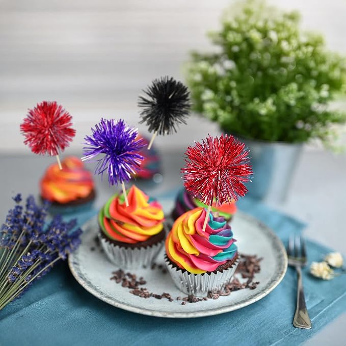 Gyufise 30Pcs Foil Firework Cupcake Toppers Sparkle Tinsel Cake Toppers Tinsel - Image 6