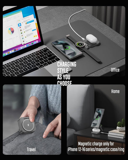 Foldable 3 in 1 Wireless Charging Station for Samsung, KU XIU X55 Ultra Magnetic Travel Charger Stand for Galaxy S24 Ultra S23 S22 Note 20 Z Fold Flip 6 5, Galaxy Watch Ultra 7 6 5, Galaxy Buds, Gray
