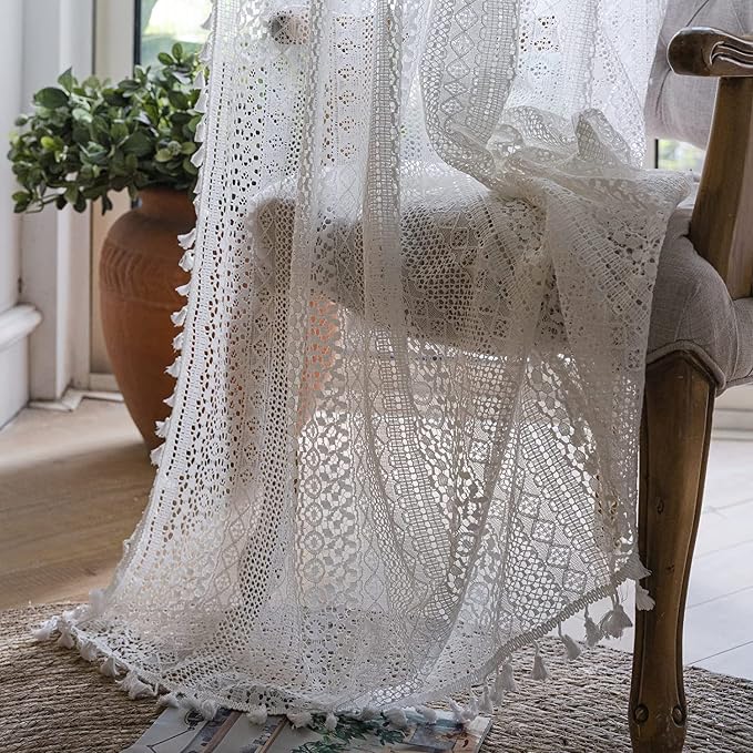 Sutuo Home White Crochet Boho Curtain 96 Inches Long, Sheer Lace Handmade - Image 2