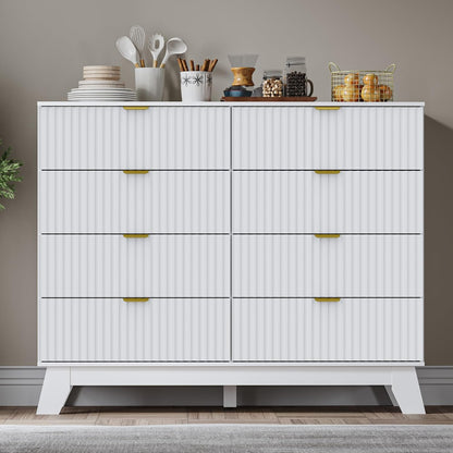 Fluted 8 Drawer Tall Dresser, 47.2" Wide Modern Boho Chest of Drawers, Wooden Storage Dresser TV Stand for Bedroom, Living Room, Closet, Hallway, Curved Profile Design