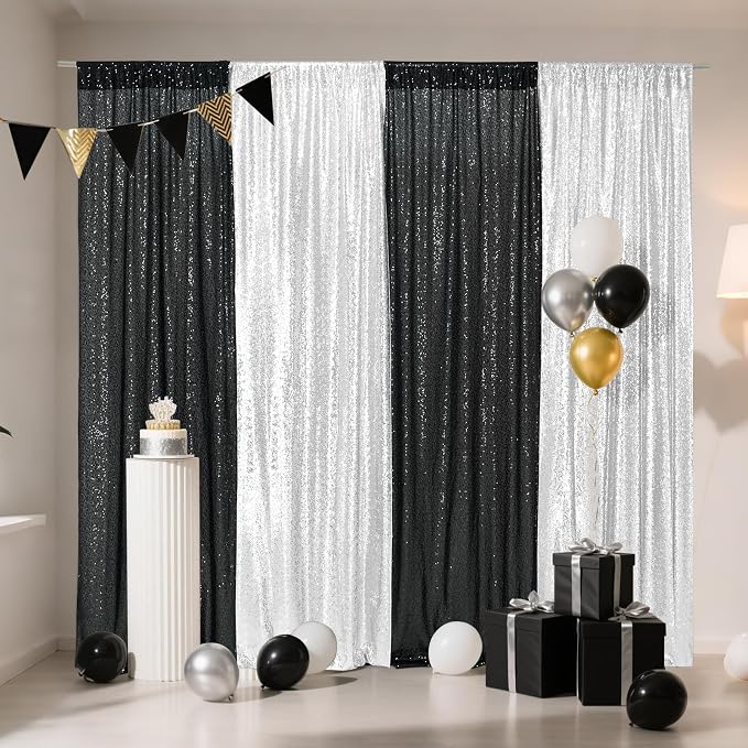 Eternal Beauty Black & Silver Sequin Backdrop Curtains, 4 Panels 2x8FT | 3mm - Image 3