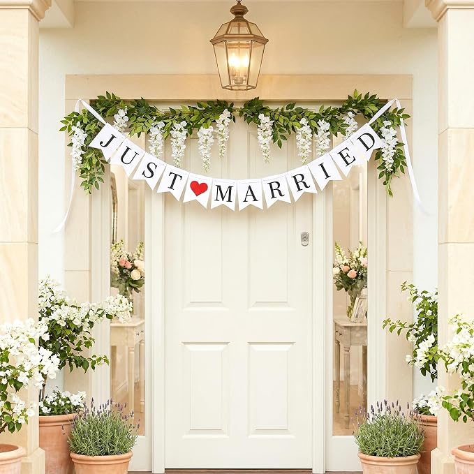 Vintage Just Married Banner Wedding Bunting Photo Booth Props Signs Garland - Image 5