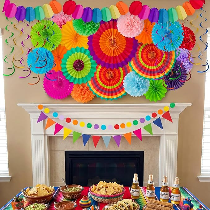 35PCS Fiesta Paper Fan Party Decorations Set | Cinco De Mayo Pom Poms, - Image 8