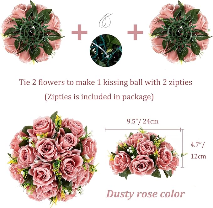 BLOSMON Dusty Pink Flowers Decoration: 6 Pcs Artificial Roses Flowers Balls for Wedding Dinning Table Centerpieces - Fake Silk Kissing Floral Arrangement for Home Party Event