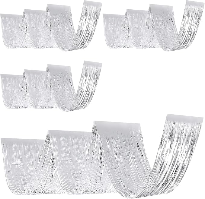 4 Pcs 15ft Silver Metallic Foil Ceiling Fringe Curtains, Party Decor Fringe by Breling