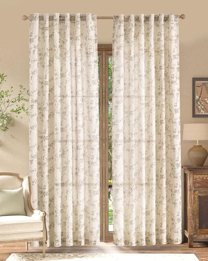 jinchan Taupe Floral Linen Curtains 90 Inch Farmhouse Back Tab 2 Panels | - Image 2