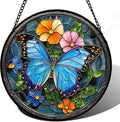 Stained Glass Window Hanging, Blue Butterfly Flower Suncatcher for Doors Home Sun Catchers Decoration and Christmas, Mother's Day Birthday Gifts for Women, Men, and Mom 6.3x6.3 in