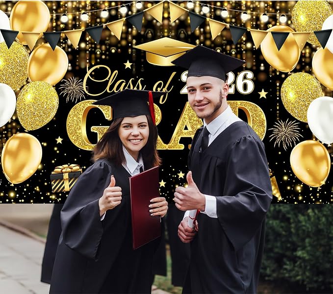 2026 Graduation Decorations Banner Black Gold Class of 2026 Grad Banner - Image 2