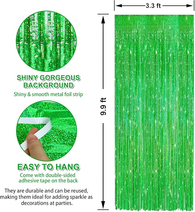 Crosize 4 Pack 3.3 x 9.9 ft Laser Green Foil Fringe Curtains, Tinsel Curtain - Image 2