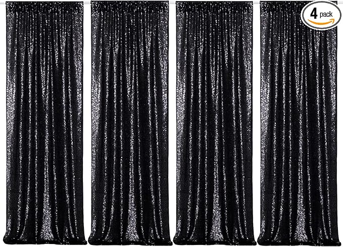 Poise3EHome Black Sequin Backdrop Curtains,4 Panels 2FTx8FT Glitter Background for Halloween Birthday Party Wedding Christmas Thanksgiving Holiday Festival Decor