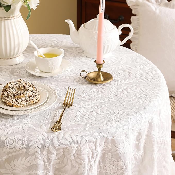 patdrea Vintage Ruffle Tablecloth for Round Tables,Farmhouse Embroidered Cotton White Lace Table Cloth Cover Decor for Dining Room Wedding Banquet Thanksgiving Christmas,Dimaeter 67"