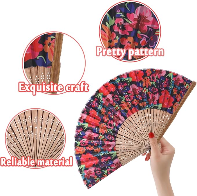 Folding Fan with Beautiful Fabric Printed BlackFlower creme - Image 4