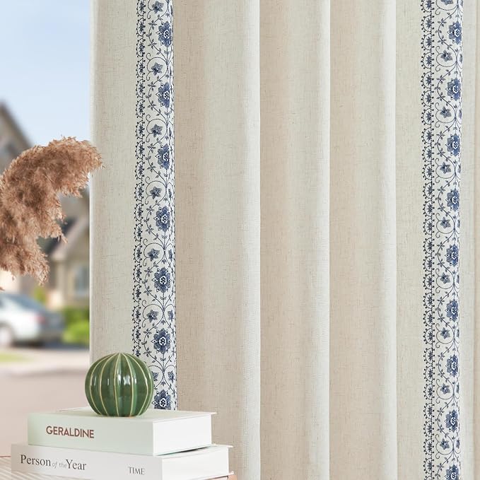 jinchan Floral Linen Curtains Embroidered Back Tab 50x90in 2 Panels Blue | - Image 8
