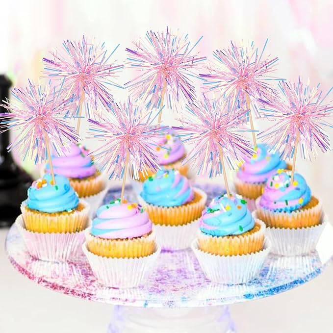 30 PCS Foil Firework Cupcake Toppers Happy Birthday Cupcake Toppers Sparkle - Image 3