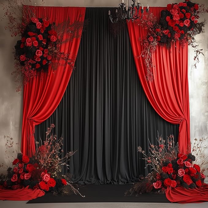 10ftx15ft Wrinkle Free Black Backdrop Curtain, 2 Panels 15FT Height Black Wedding Backdrop Drapes, Silky Polyester Back Drop Cloth for Birthday Photography Background Party Backdrop Draping