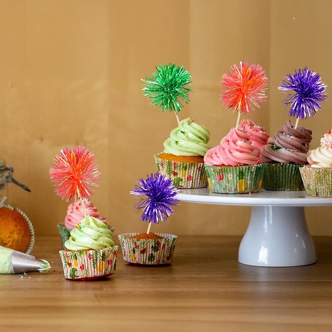 Gyufise 30Pcs Foil Firework Cupcake Toppers Sparkle Tinsel Cake Toppers Tinsel - Image 5