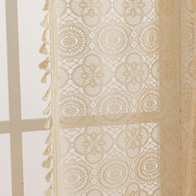 YJ YANJUN Boho Lace Curtains 36 inch Length 2 Panels, Vintage Floral Crochet - Image 4