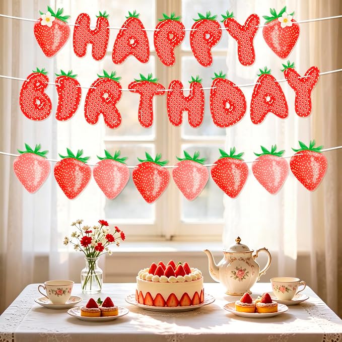 MEETINGU Strawberry Happy Birthday Banner, Fruit Theme Party Decoration - Image 3