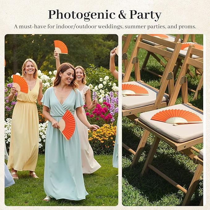 JOHOUSE 12 PCS Orange Paper Fans Handheld, 8.3 Inch Foldable Hand Fan | DIY - Image 2