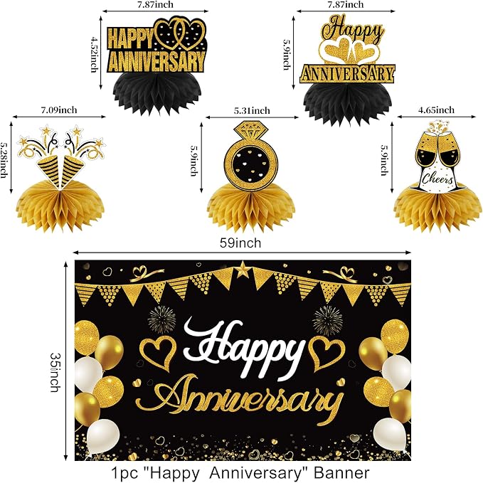 Turypaty Happy Wedding Anniversary Decorations Kit Supplies Black Gold | Large - Image 3