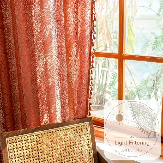 YJ YANJUN Boho Lace Sheer Curtains, Burnt Orange Terracotta, 59x84 inches | 2 - Image 4