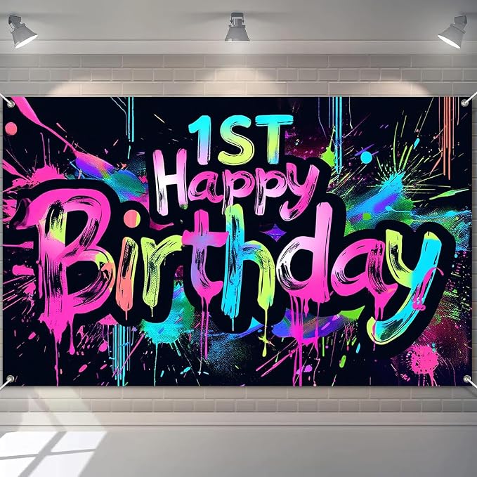HOMETITUTE Neon 1st Happy Birthday Banner 71x43 Inch Paint Splatter Backdrop by HOMETITUTE