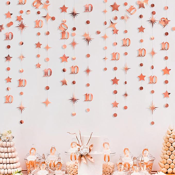 Rose Gold 10th Birthday Decorations Number 10 Circle Dot Twinkle Star Garland Metallic Hanging Streamer Bunting Banner Backdrop for Girls Boys Ten Year Old Birthday 10th Anniversary Party Supplies