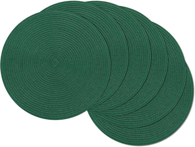 SHACOS Dark Green Round Placemats Set of 6 Cotton Polyester Braided 15 inch by SHACOS