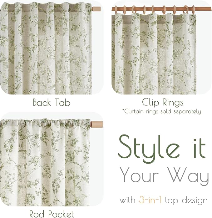 Green Floral Linen Curtains Farmhouse Rod Pocket 50W X 63L 2 Panels | Charlotte - Image 7