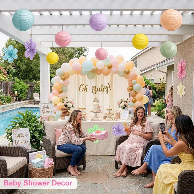 Pastel Classroom Ceiling Decor, 18-Pc Hanging Paper Lanterns & Flower Fans | - Image 7