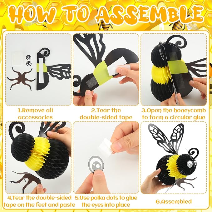 Jetec 6 Pcs Cute Honey Bee Party Decor, Bee Day Honeybee Honeycomb Hanging - Image 4