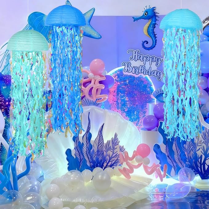 Set of 6 Blue Hanging Jellyfish Paper Lanterns 10'' - Image 6
