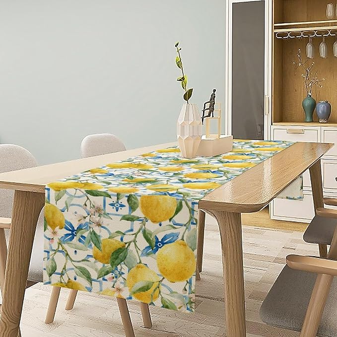 Lemon Table Runner,Watercolor Fruit Green Leaves Spring Summer Table Cloth Kitchen Dining Table Home Party Decoration 13x36 Inch