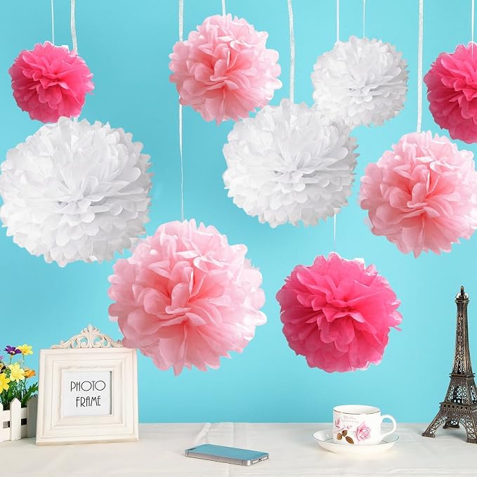 10pcs White Tissue Hanging Paper Pom-poms, Hmxpls Flower Ball Wedding Party - Image 5