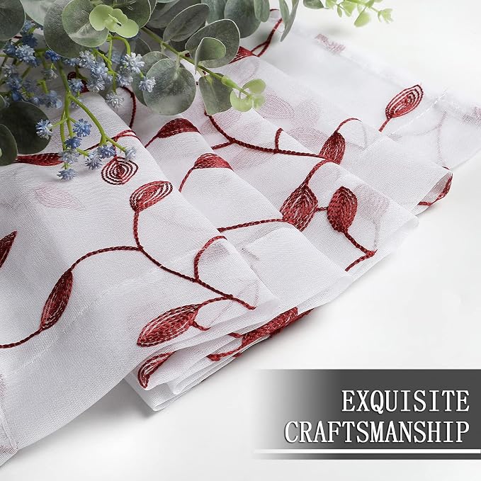 Tollpiz Leaves Short Sheer Curtains Burgundy Red Leaf Embroidery Bedroom - Image 7