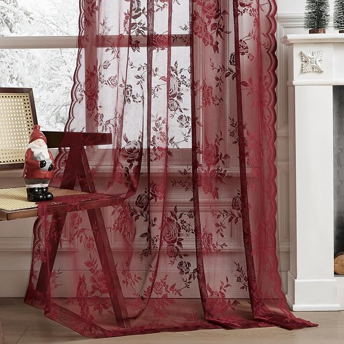 Burgundy Lace Curtains 120 Inches Long 2 Panels Romantic Floral Curtains - Image 5