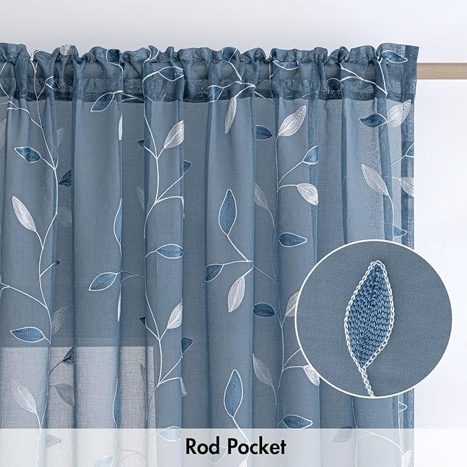 MIULEE Stone Blue Sheer Curtains 2 Panels Leaf Patterned, W52 x L63 | - Image 6