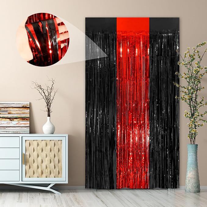 Black Red Fringe Curtain Party Streamers 2Pack 3.3 x 8.3 Ft Foil Fringe - Image 5