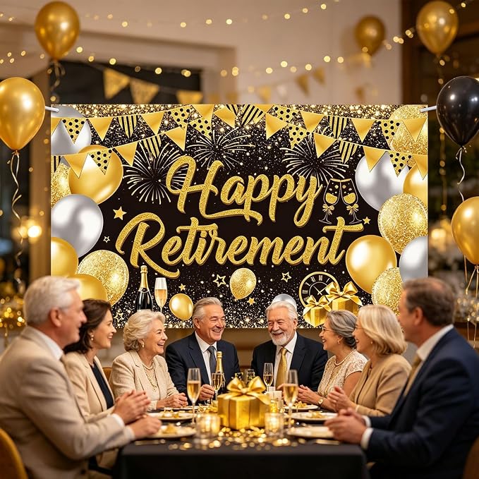 Black Gold Happy Retirement Banner Backdrop Photography Background Hanging - Image 3