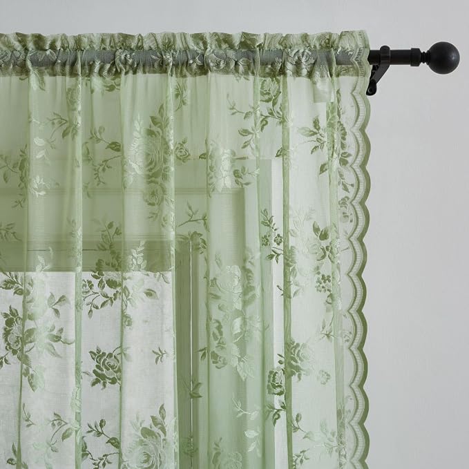 Sage Green Lace Curtains 84 Inches Long Country Rustic Floral Sheer Curtains - Image 3