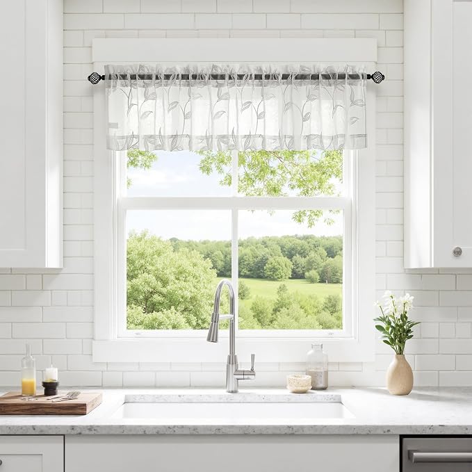 Sheer Kitchen Cafe Curtains Embroidered Leaf Pattern White 54x16 | Light by VISIONTEX