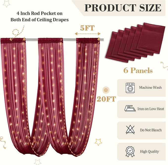 6 Panels Burgundy Ceiling Curtains - Image 2