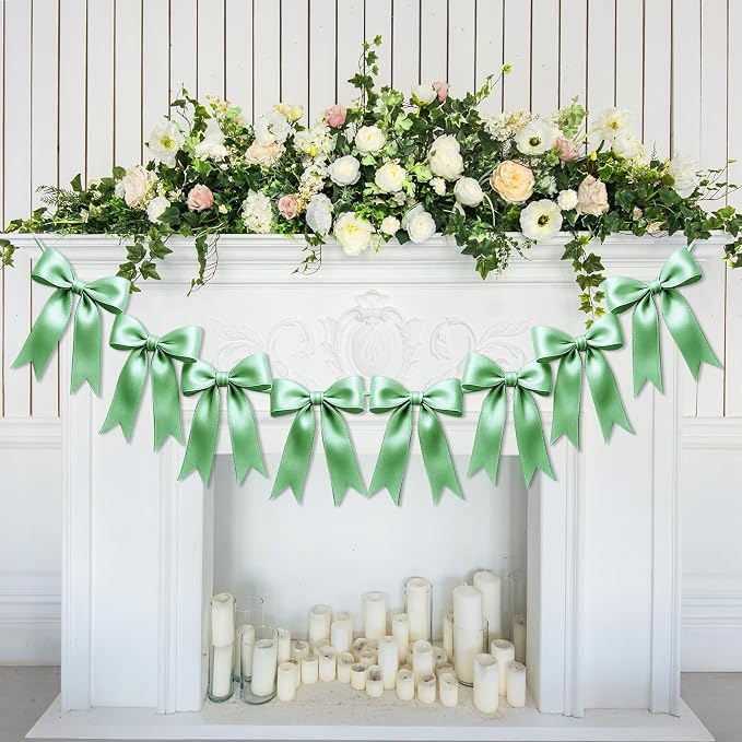 1 String of 8PCS Sage Green Bow Garland Banner Decoration, Pre-Strung Satin by Unknown