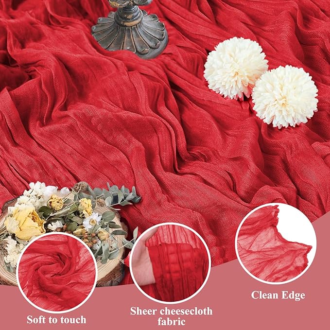 Asee'm 3PCS Fall Table Runner Cheesecloth 10FT Red Boho Gauze Fabric Rustic Sheer Cheese Cloth Runners for Thanksgiving Christmas Wedding Bridal Shower Party