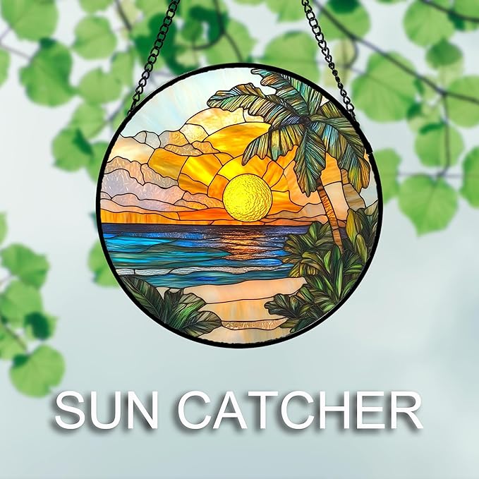 Stained Glass Window Hanging 4 Pcs Set Blue Ocean Coconut Tree Scenery 6.3" - Suncatcher Door Garden Sun Catcher Decor Birthday Christmas for Mom Woman Nana Men