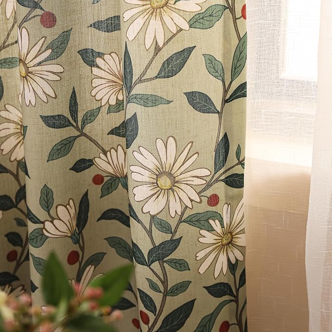 Designer French Green Linen Printed Curtain, 2 Panels, Floral Pattern Home by Isaennehomedecoration